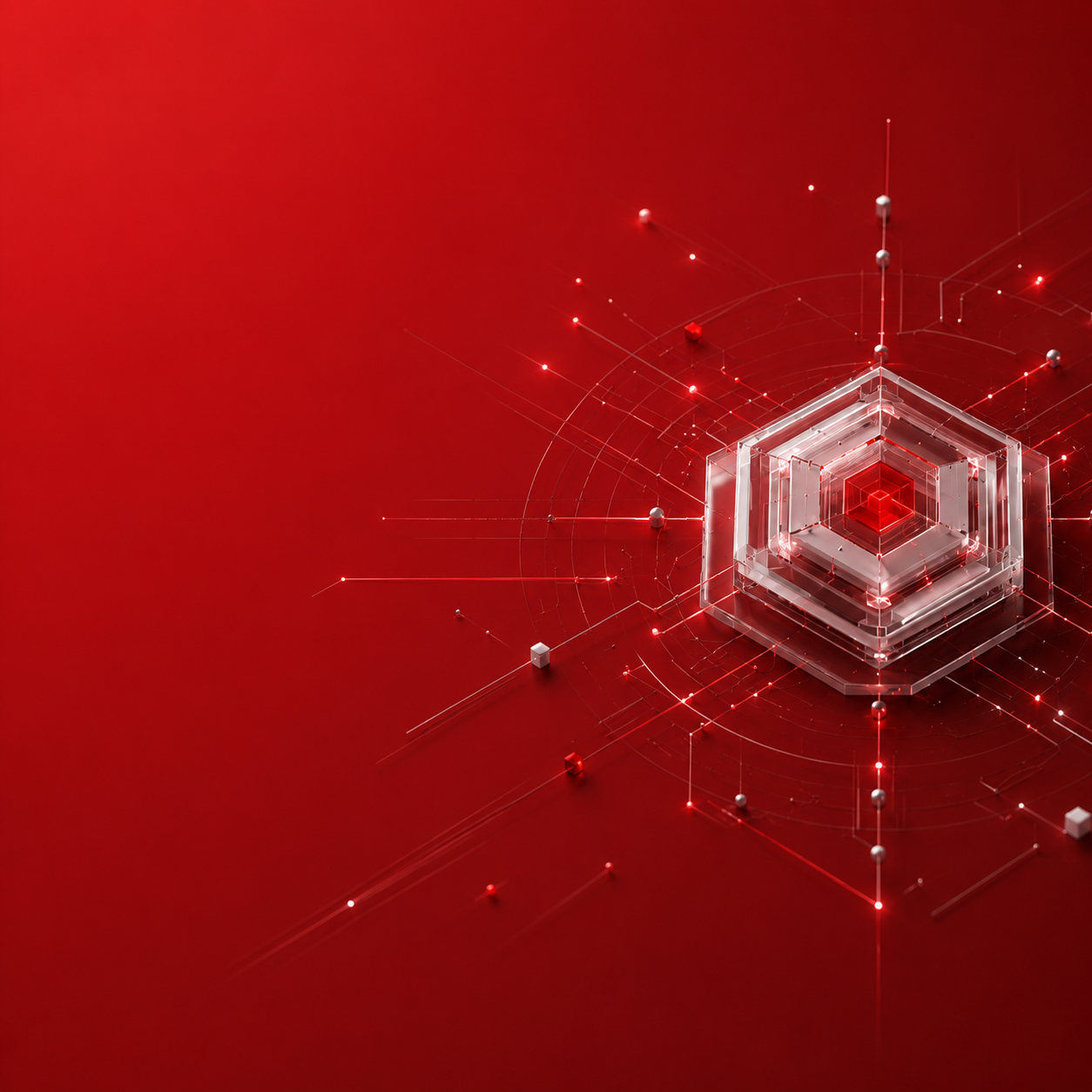 Estrutura tecnológica tridimensional em tons de vermelho